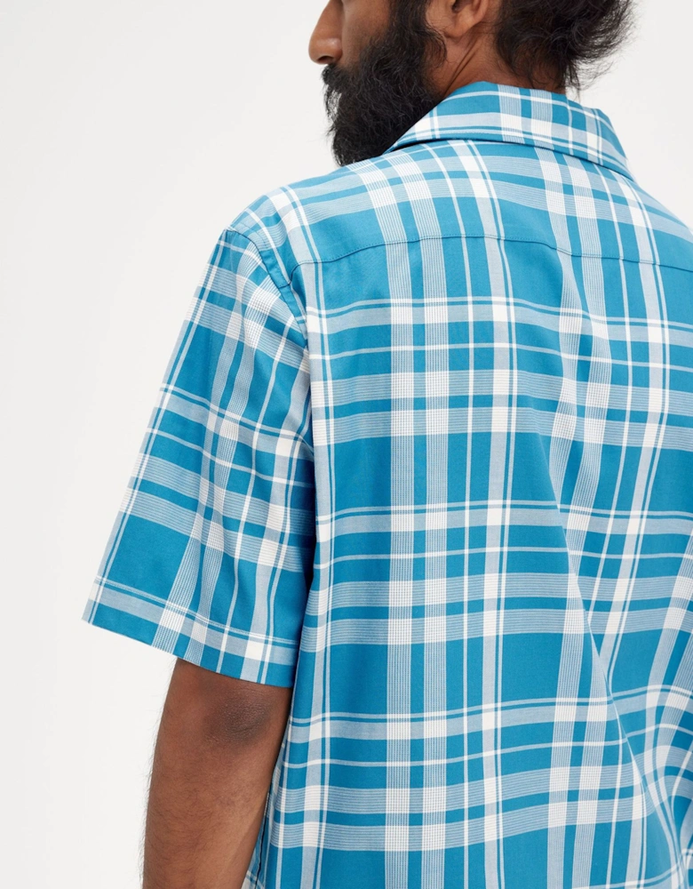 M7828 Revere Collar Tartan Shirt Blue