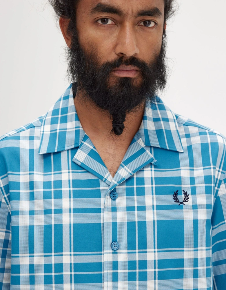 M7828 Revere Collar Tartan Shirt Blue
