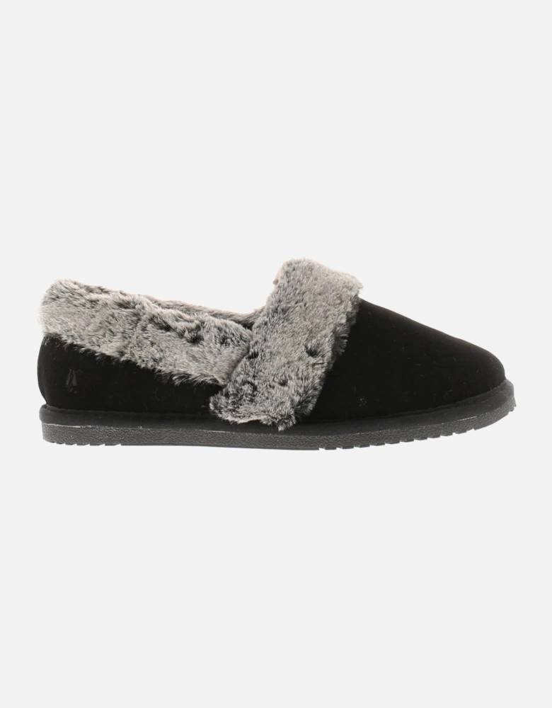 Womens Slippers Full Fluffy Ariel Suede Leather black UK Size