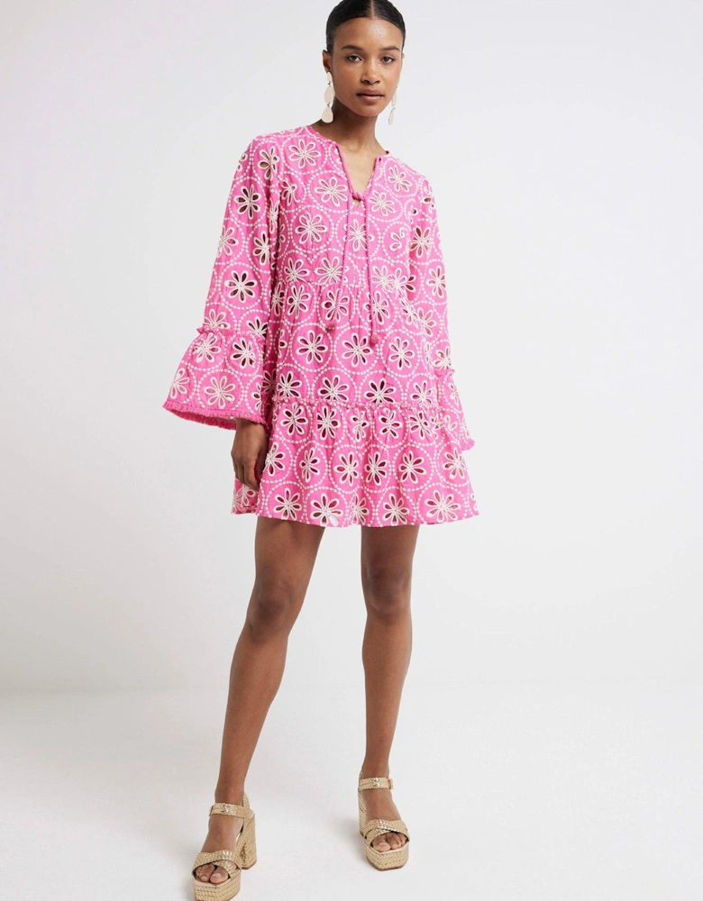 Broderie Smock Dress - Medium Pink