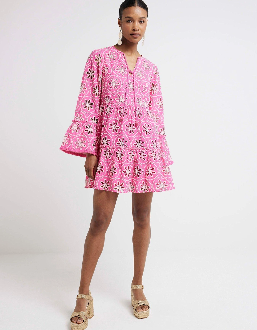 Broderie Smock Dress - Medium Pink