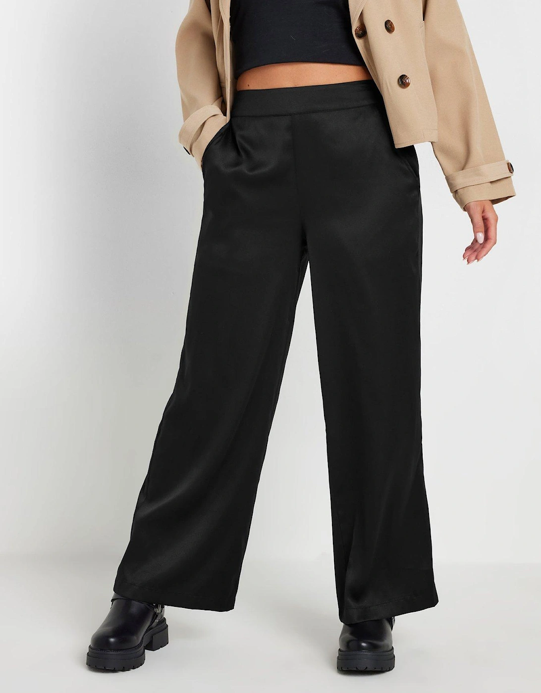 Petite Satin Wide Leg Trousers - Black, 2 of 1