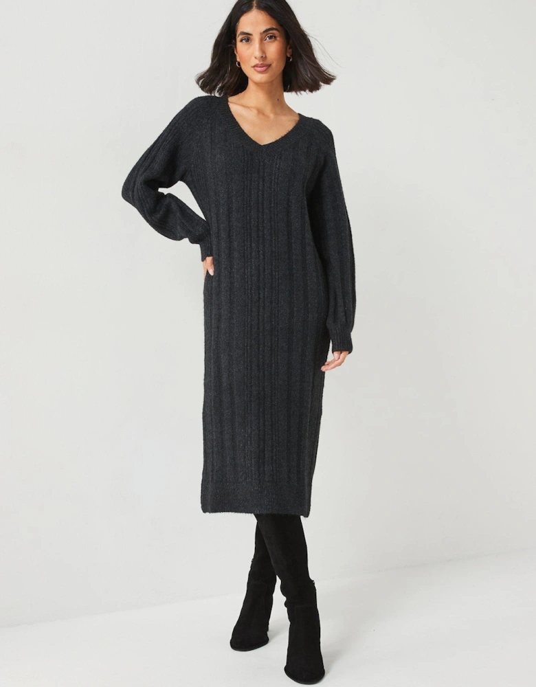 V Neck Rib Knitted Dress - Dark Grey