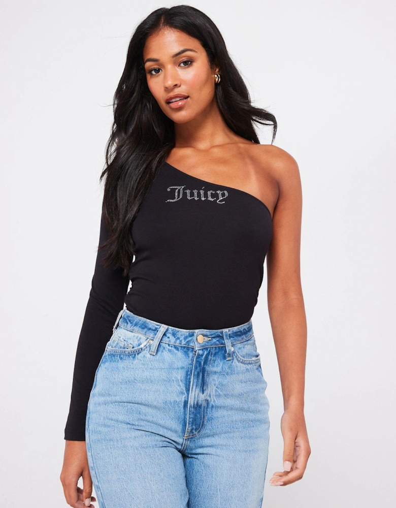 Nella Asymmetric Diamante Logo Top - Black