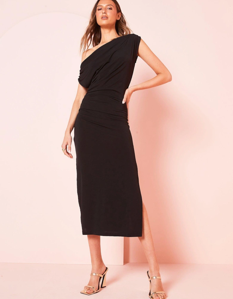 Janece One Shoulder Asymmetric Midaxi Dress - Black