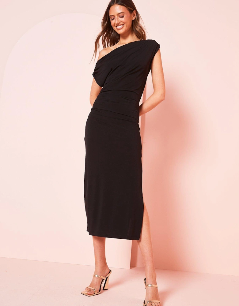 Janece One Shoulder Asymmetric Midaxi Dress - Black