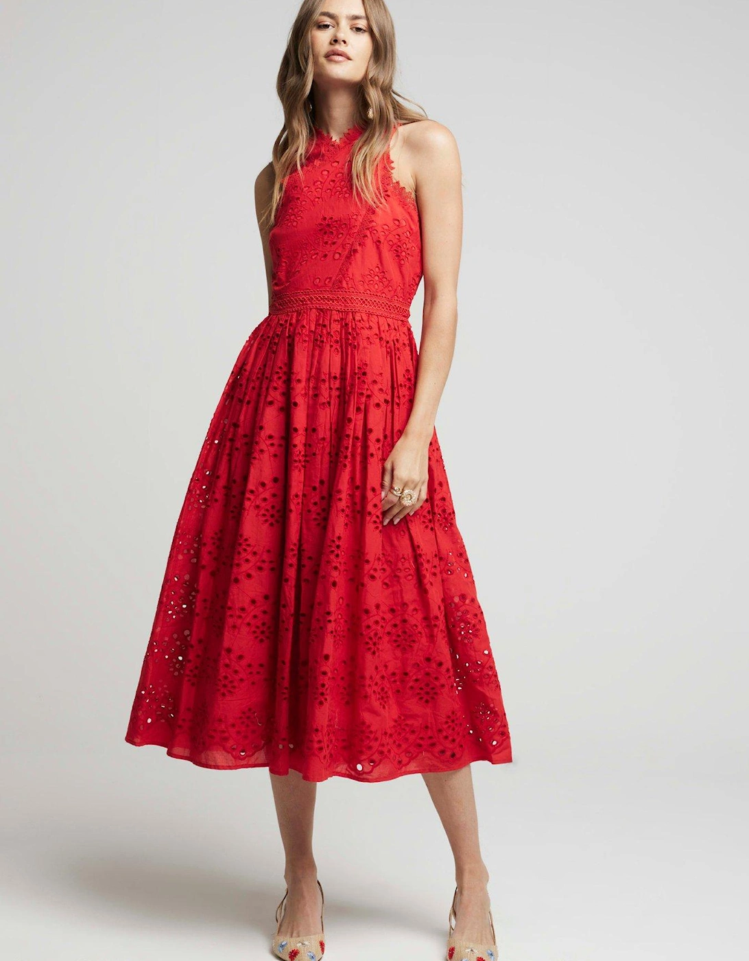 Broidery Detail Halterneck Dress - Red