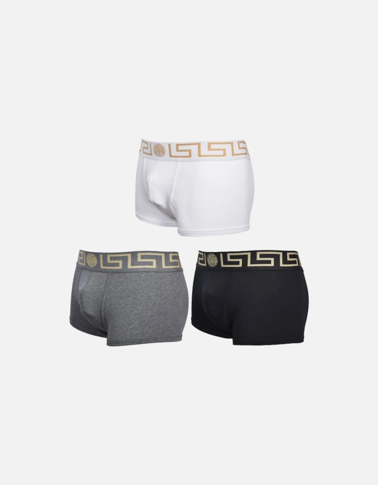 3-Pack Greca Border Low-Rise Boxer Trunks, Black/White/Grey