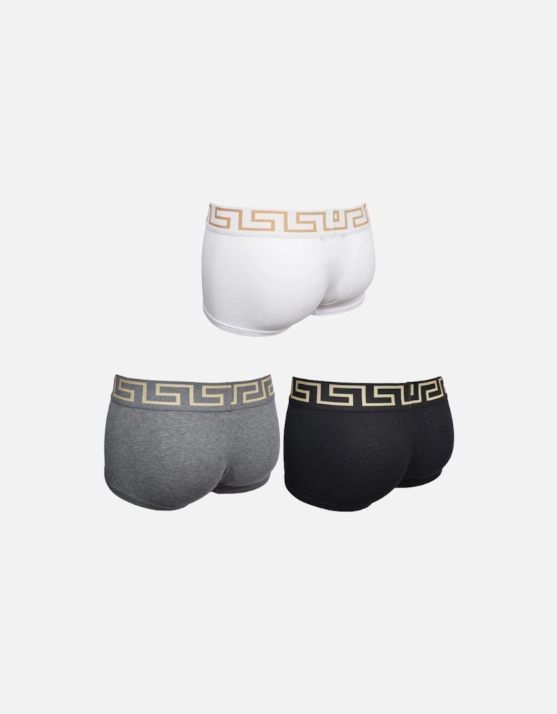 3-Pack Greca Border Low-Rise Boxer Trunks, Black/White/Grey