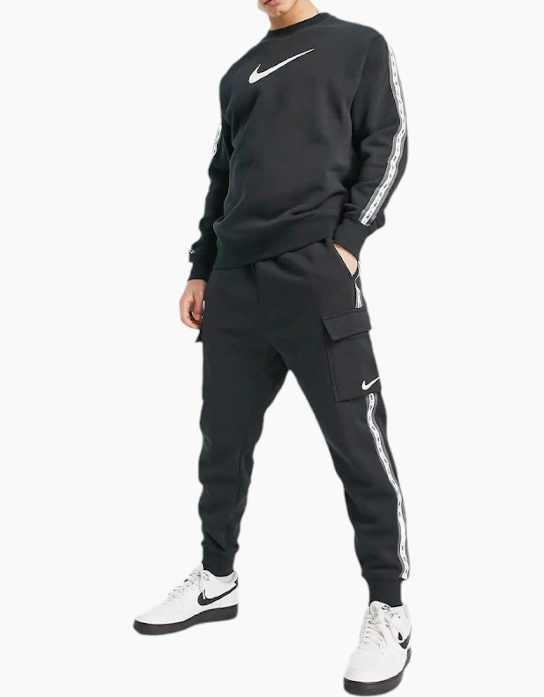 Nike Men's Black Repeat 3.0 Full Tracksuits Fleece Sweats And Joggers Swoosh Logo  35/34/32 L
