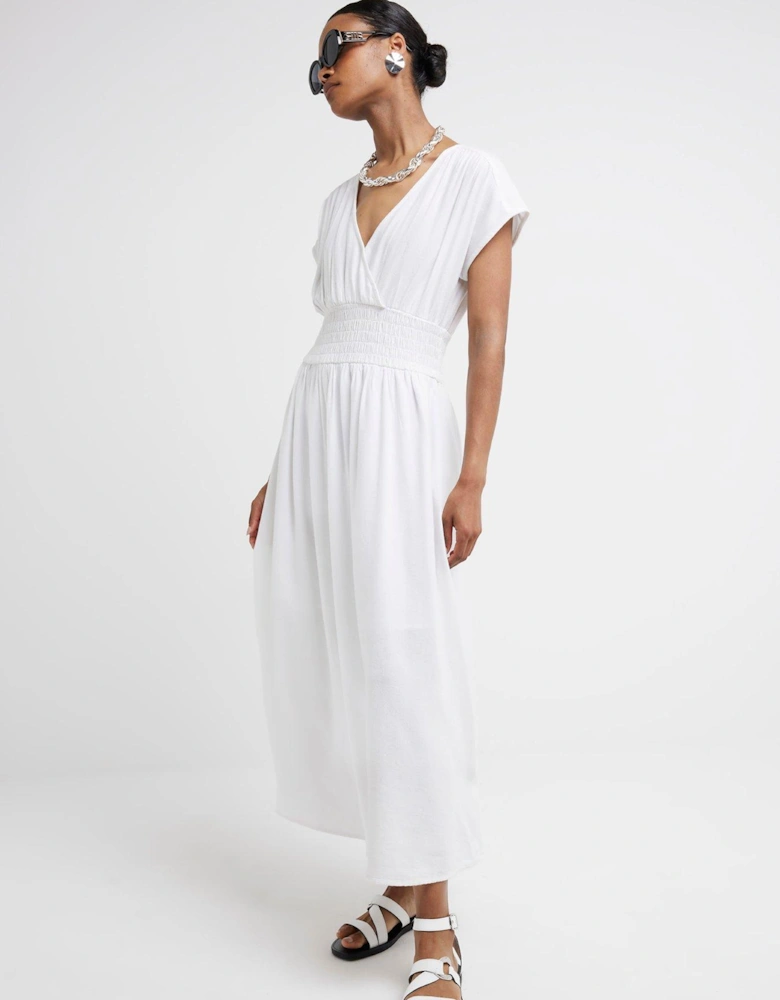 Shirred Wrap Linen Dress - White