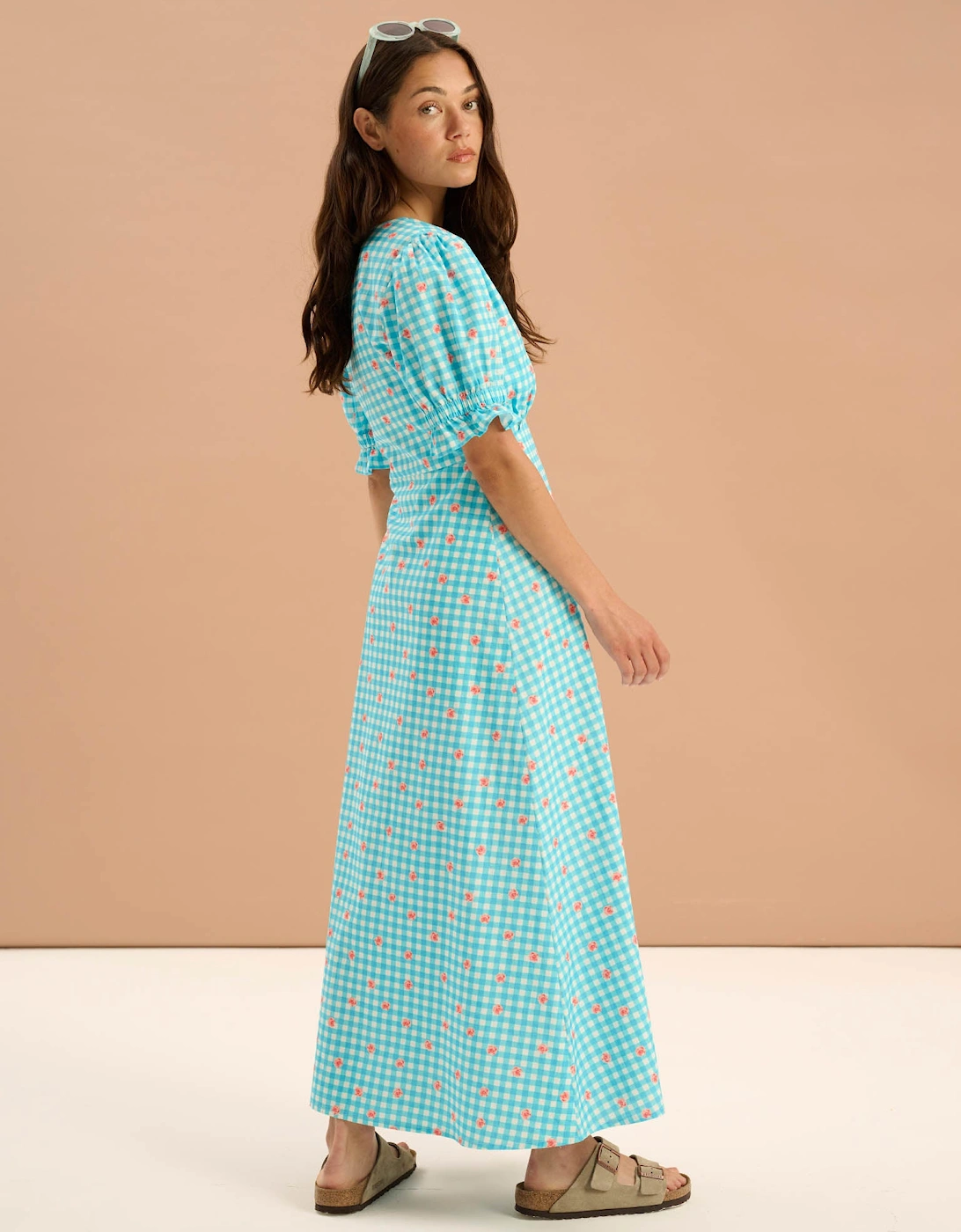 Beverley Floral Gingham Printed Frill Cuff Midi Dress in Blue