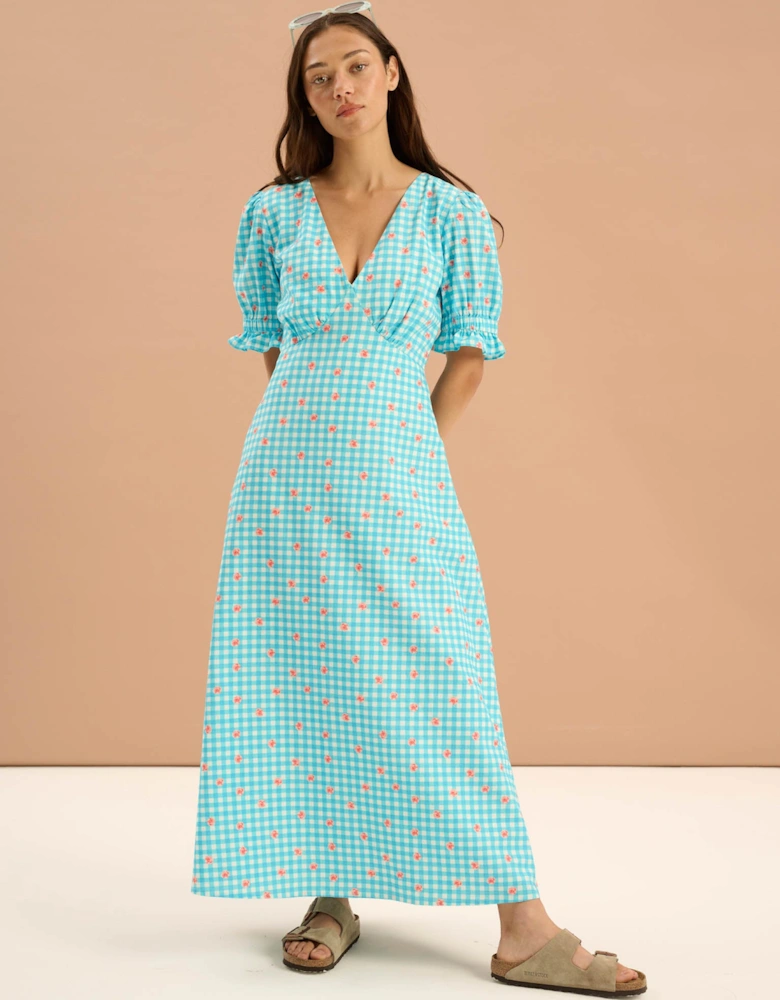 Beverley Floral Gingham Printed Frill Cuff Midi Dress in Blue