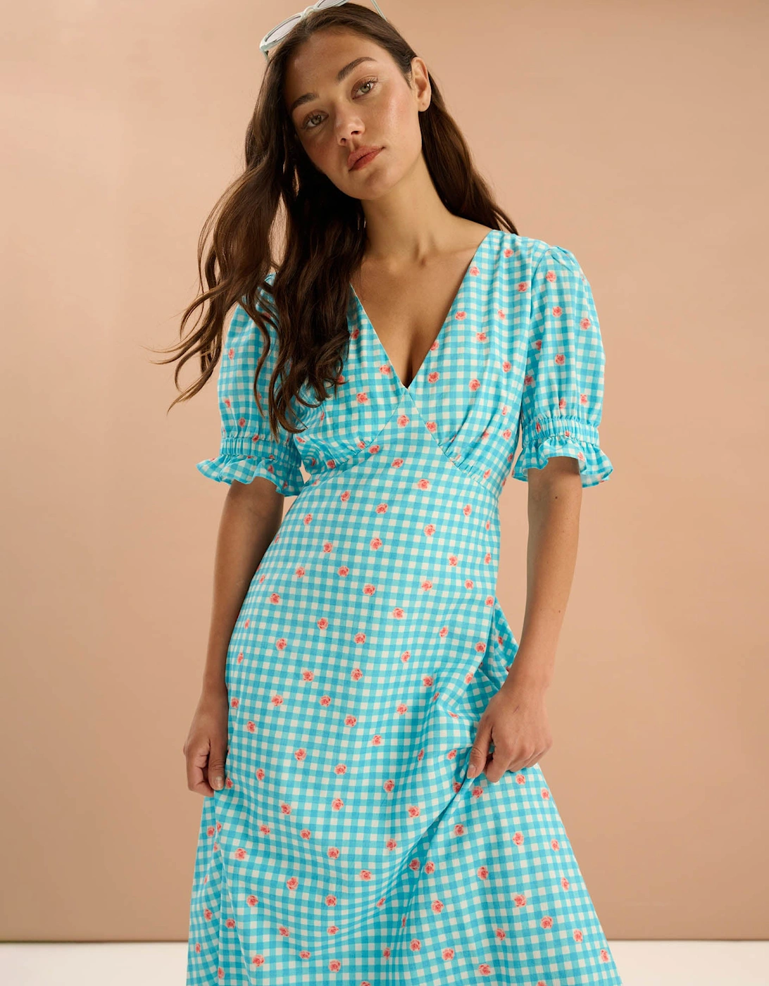 Beverley Floral Gingham Printed Frill Cuff Midi Dress in Blue
