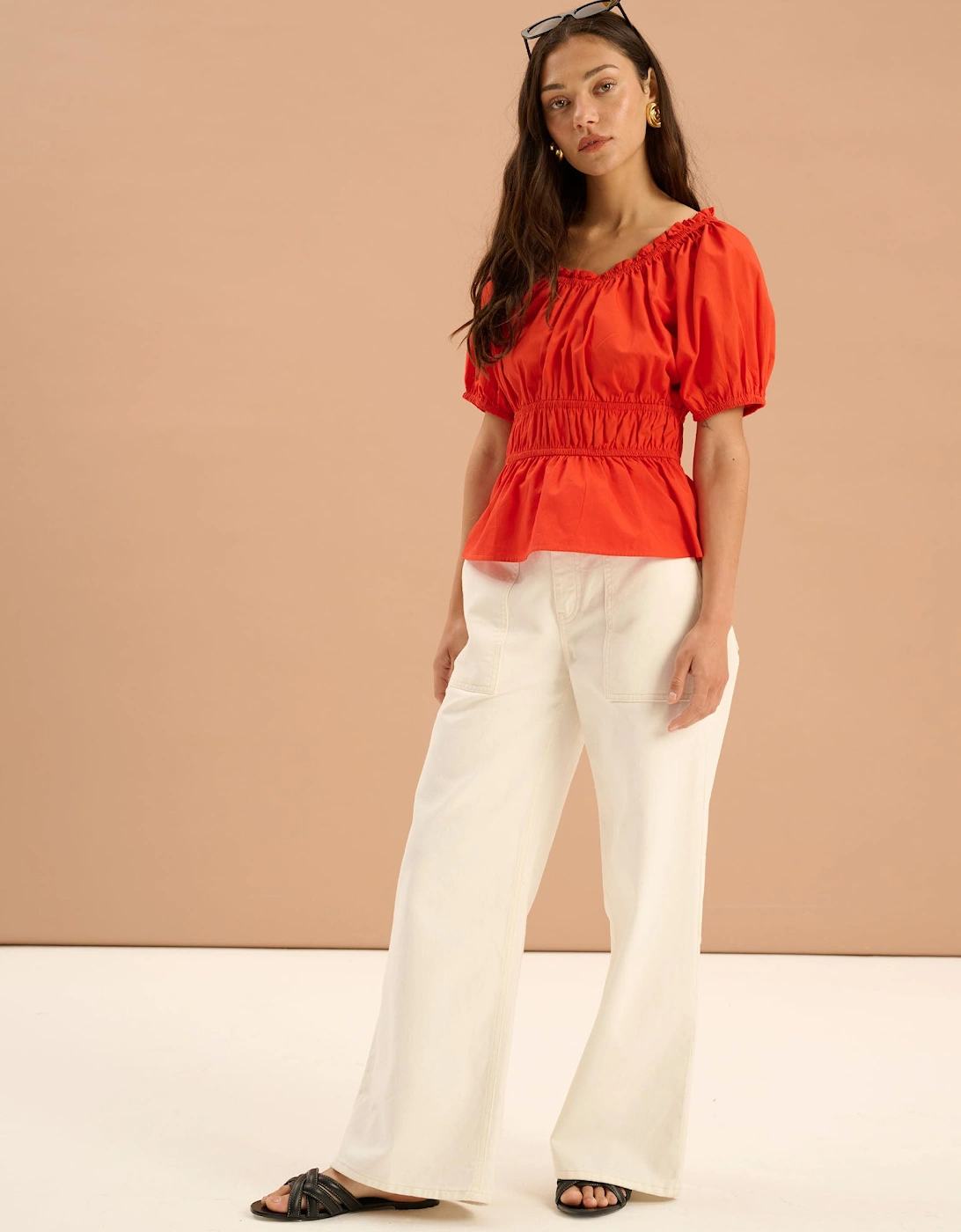 Ola Shirred Detail Short Sleeve Top in Red, 6 of 5