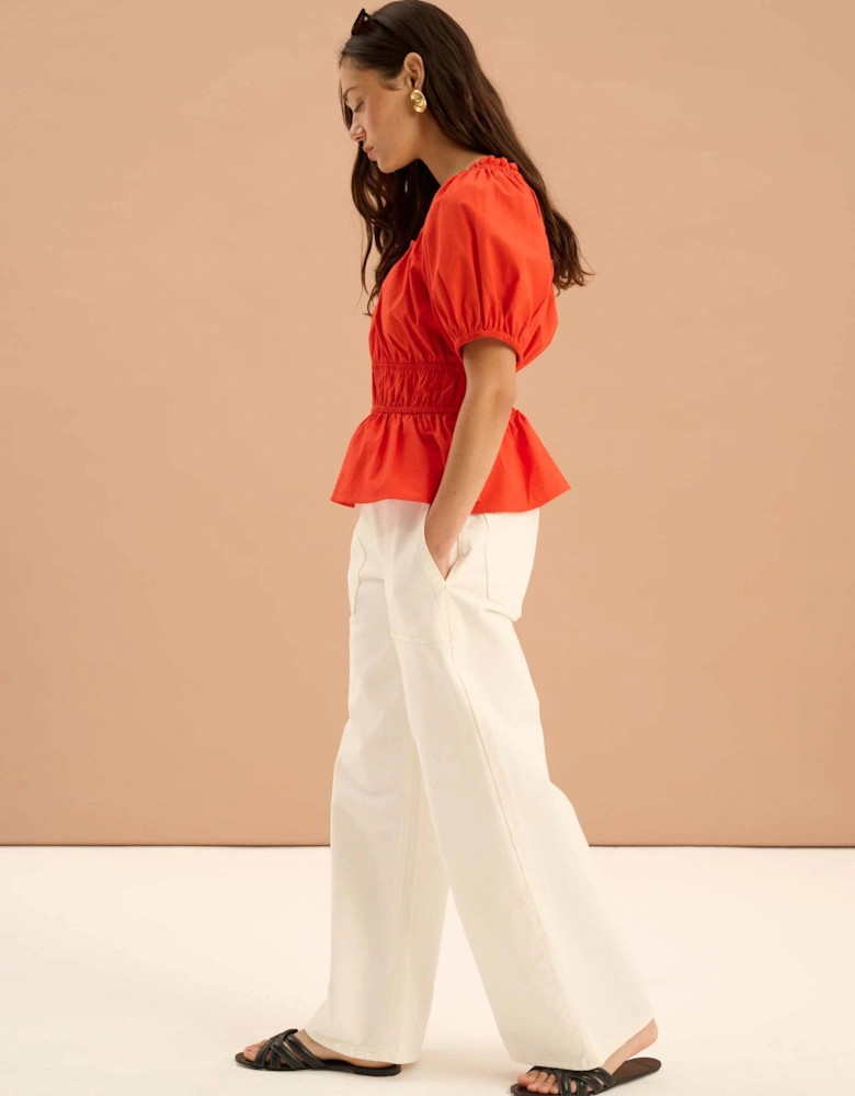 Ola Shirred Detail Short Sleeve Top in Red