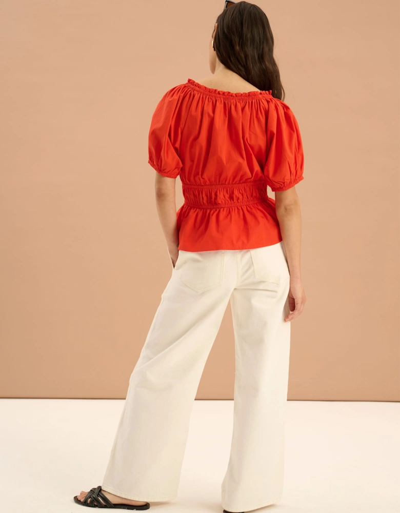Ola Shirred Detail Short Sleeve Top in Red