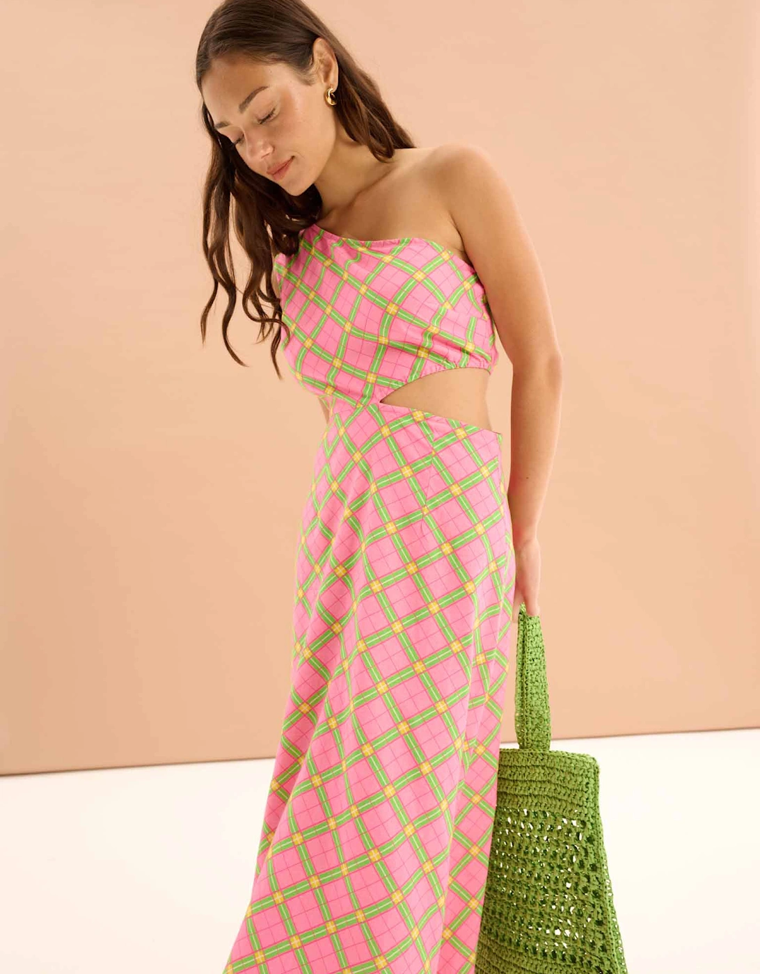 Evaline Check Print One Shoulder Dress