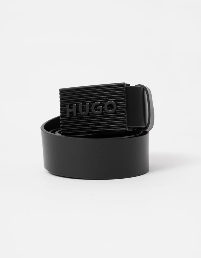 HUGO Gilad Mens Italian Leather Belt with Matte-Black Logo Plaque Buckle