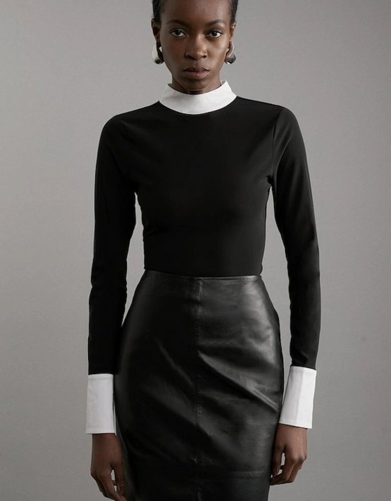 Contrast Collar Jersey Power Mesh Bodysuit