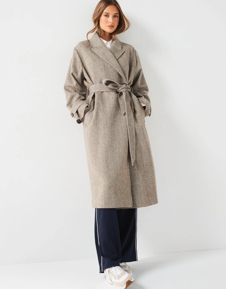 Wool Herringbone Duster Coat - Beige