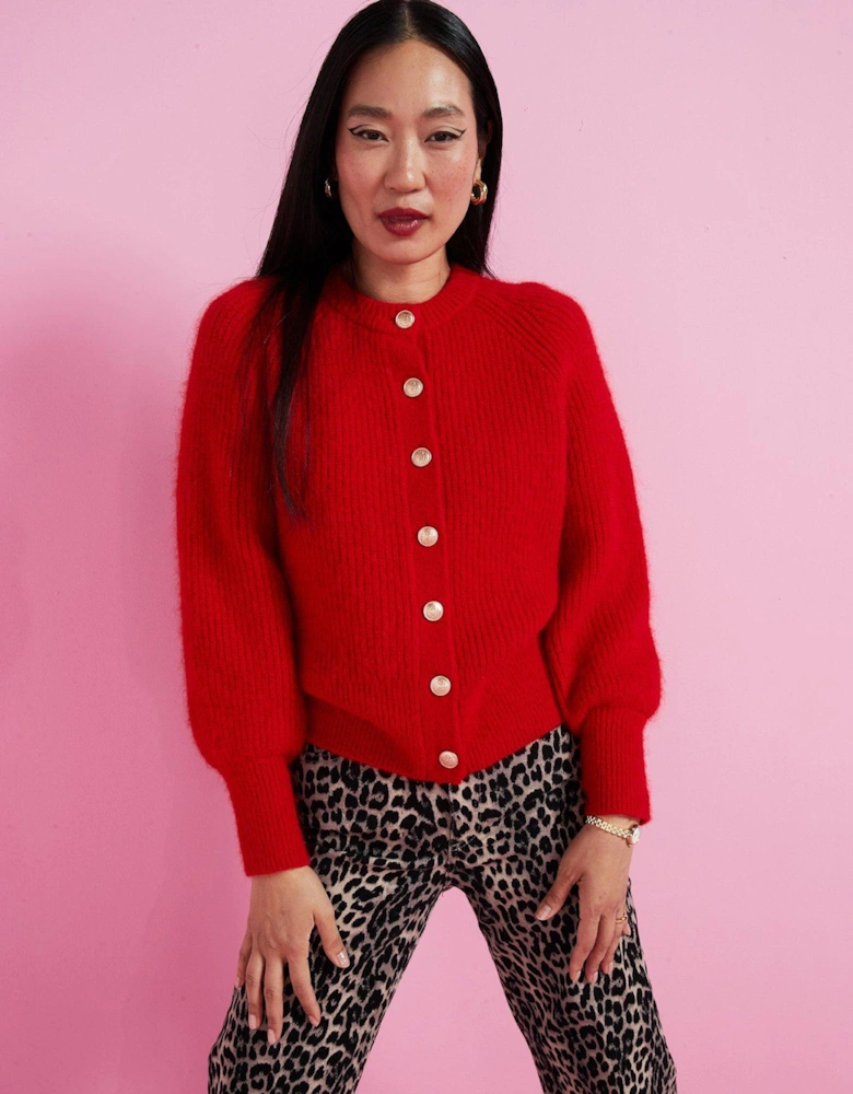 Knitted Wool Blend Cardigan - Red