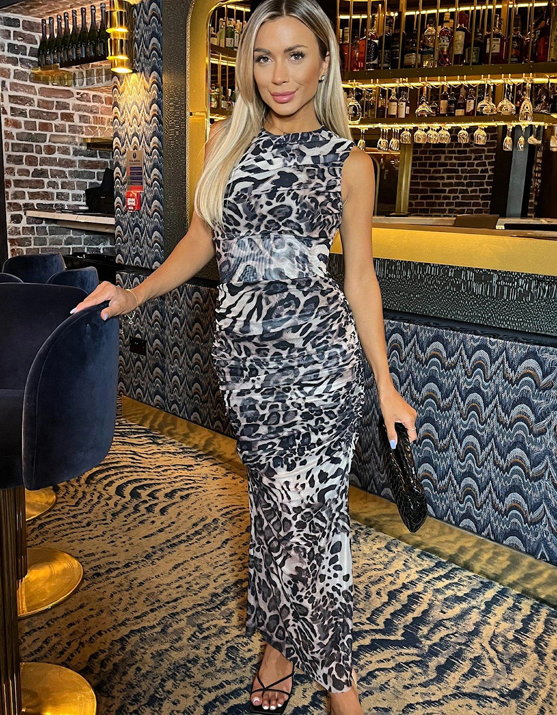 Ruched Bodycon Mesh Midi Dress - Multi