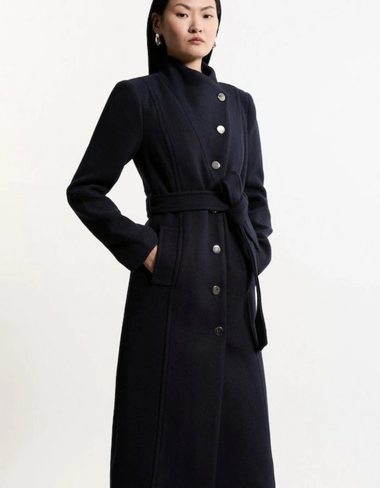 Tailored Wool Blend Asymmetric Button Neck Belted Midi Coat