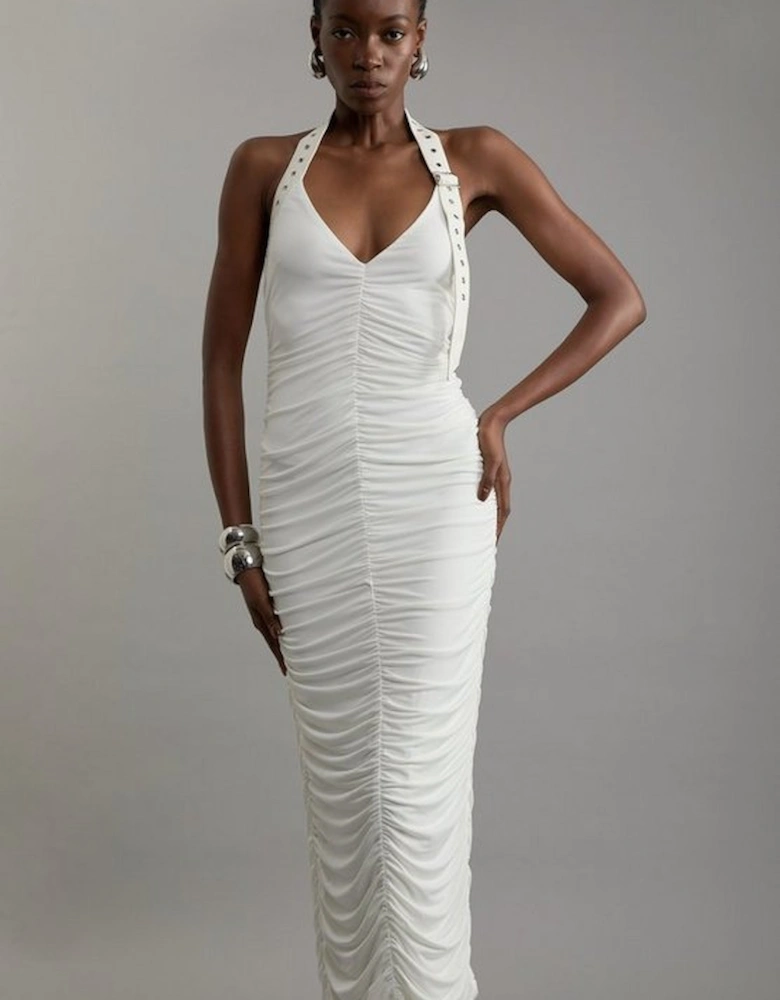 Jersey Crepe And Pu Mix Halter Maxi Dress