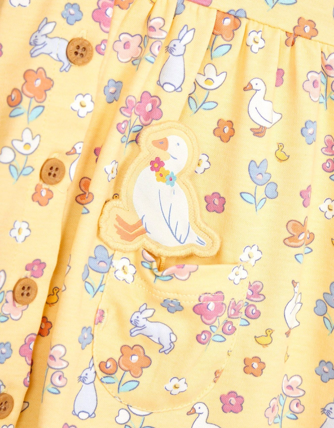 Girls Bunny & Duck Button Through Pet In Pocket Dress - Yellow