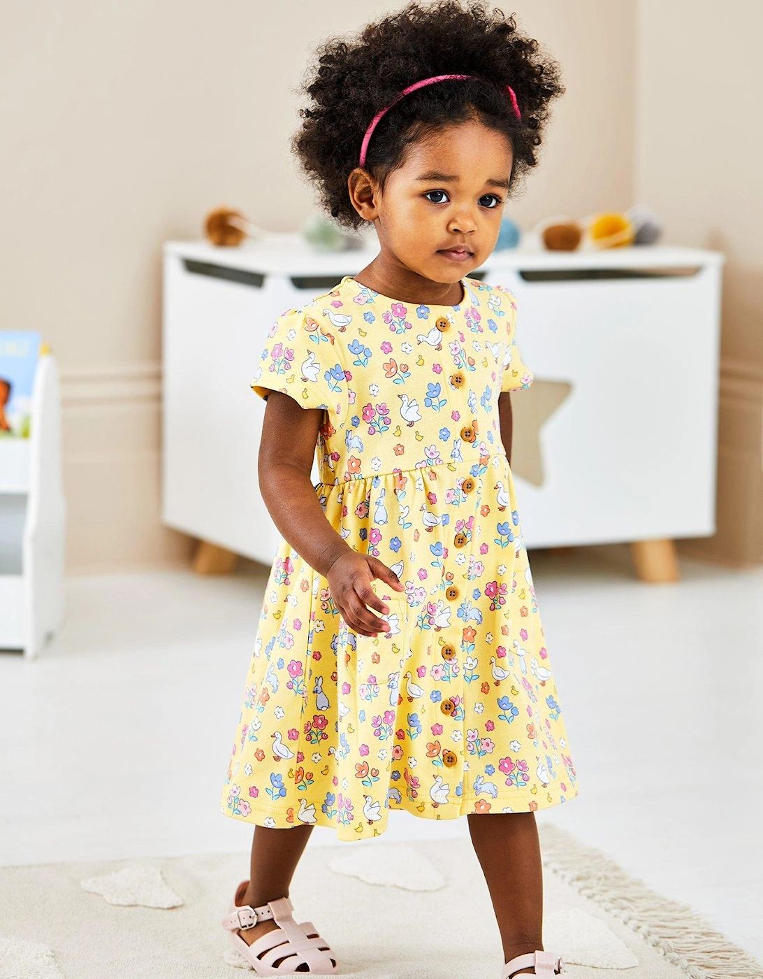 Girls Bunny & Duck Button Through Pet In Pocket Dress - Yellow