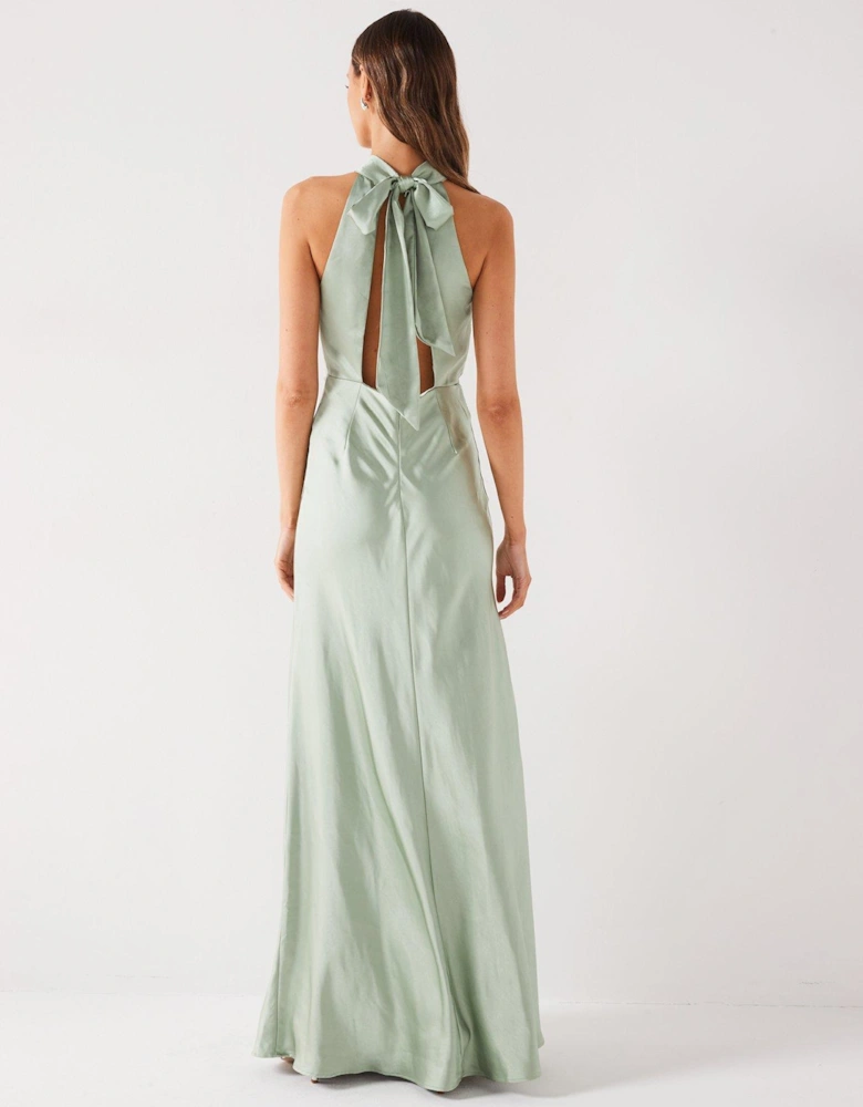 Halter Neck Satin Bridesmaid Dress - Sage