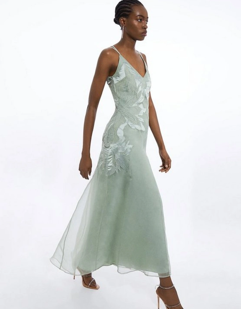 Petite Satin Applique Woven Maxi Dress