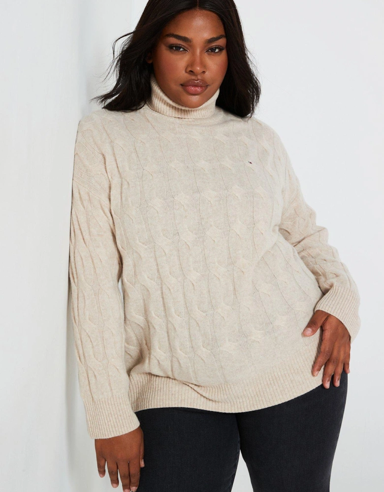 Plus Soft Wool Cable Roll Neck Jumper - Beige