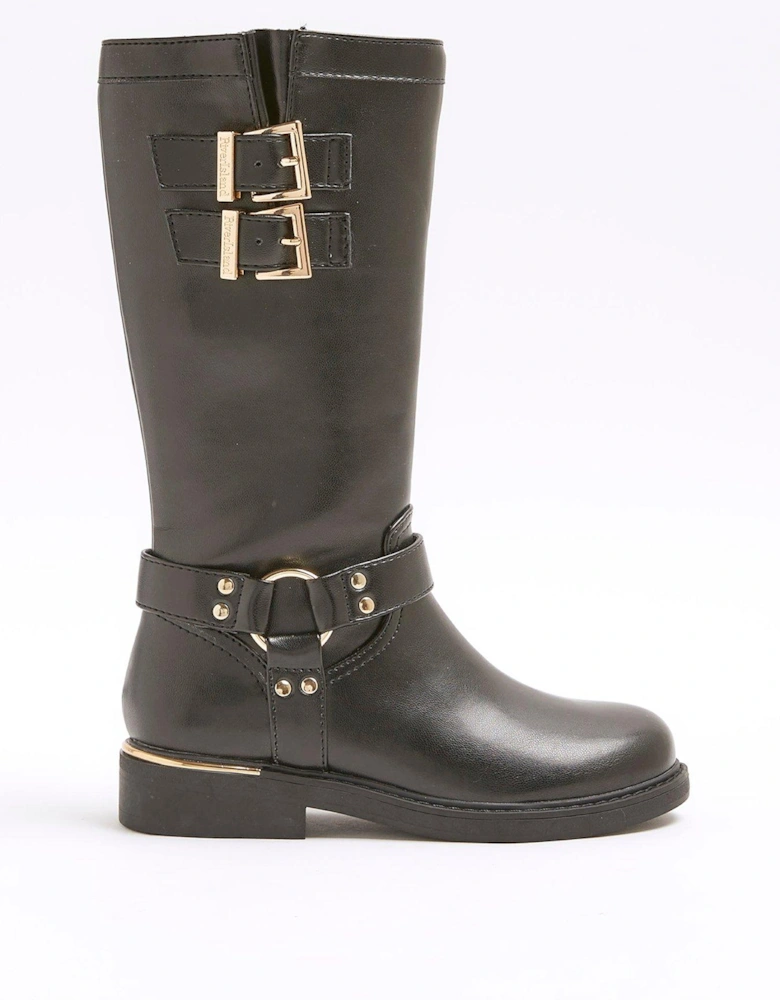 Older Girl Faux Leather Buckle Biker Boots - Black