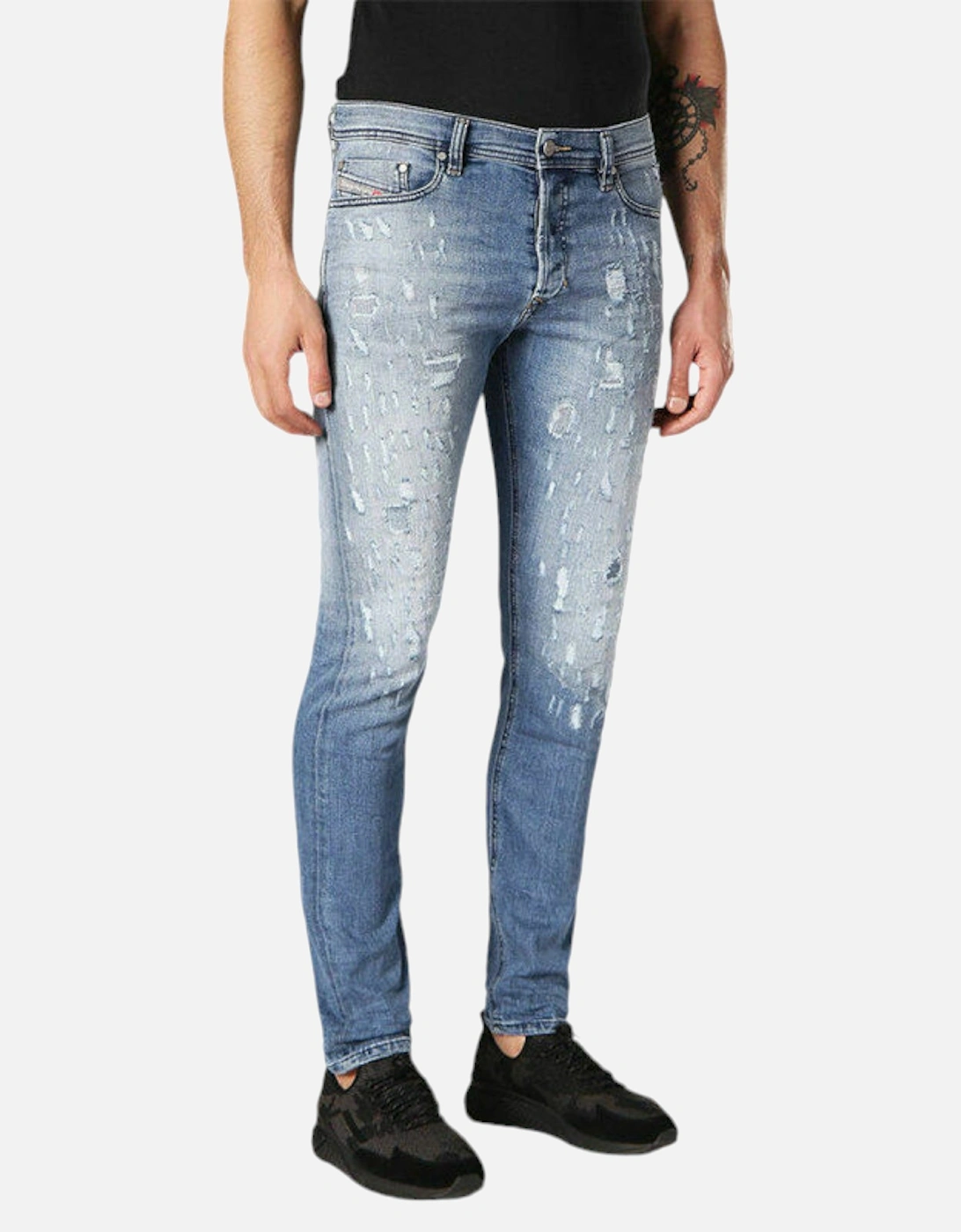 TEPPHAR 084QS Mens Denim Blue Jeans Distressed Stretch Slim Carrot  Fit