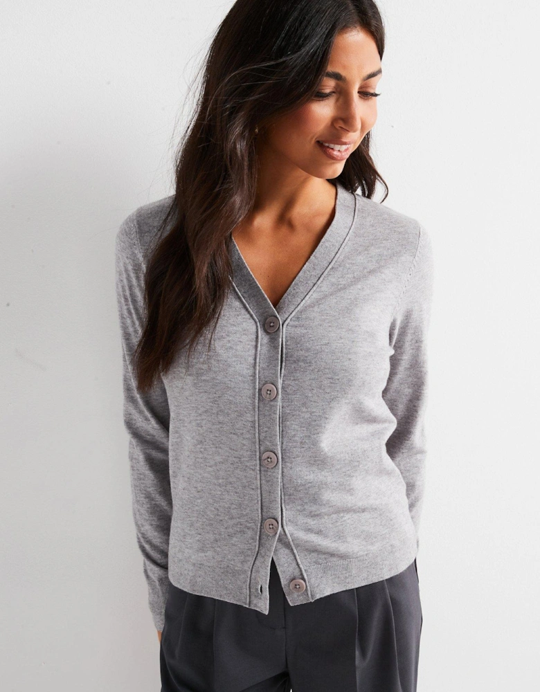 V Neck Midi Length Cardigan - Grey