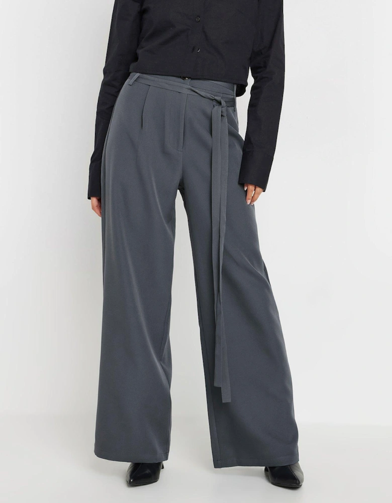 Petite Belted Wide Leg Trousers - Grey