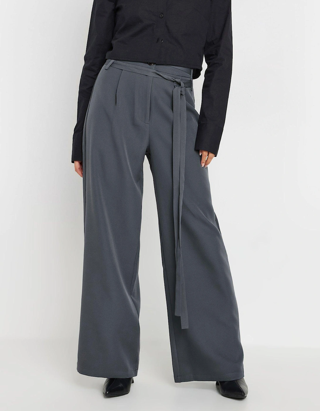 Petite Belted Wide Leg Trousers - Grey, 2 of 1