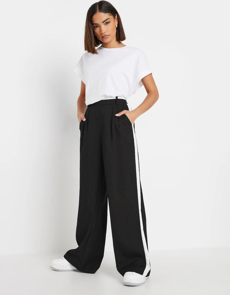 Petite Side Stripe Contrast Wide Leg Trousers - Black