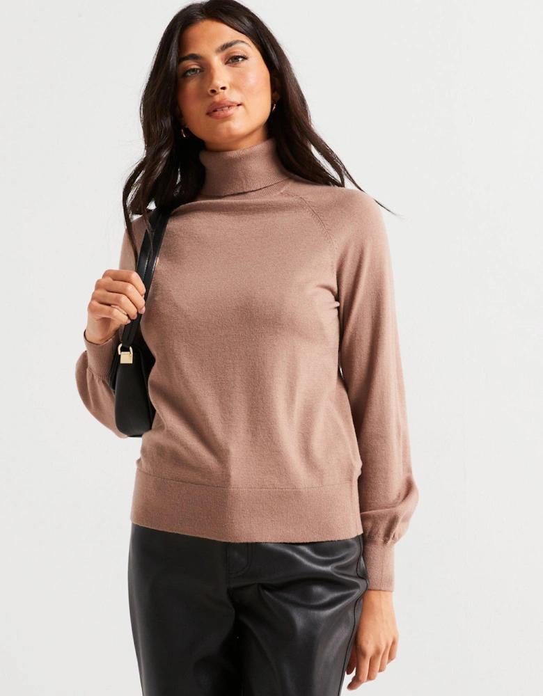 Roll Neck Relaxed Jumper - Brown