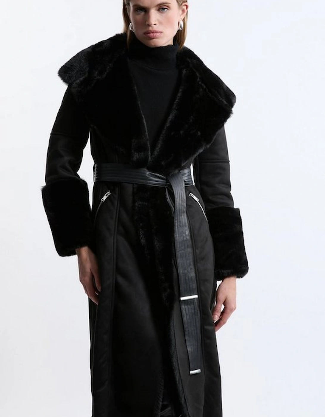 Faux Shearling Collar & Cuff Belted Midi Coat, 5 of 4