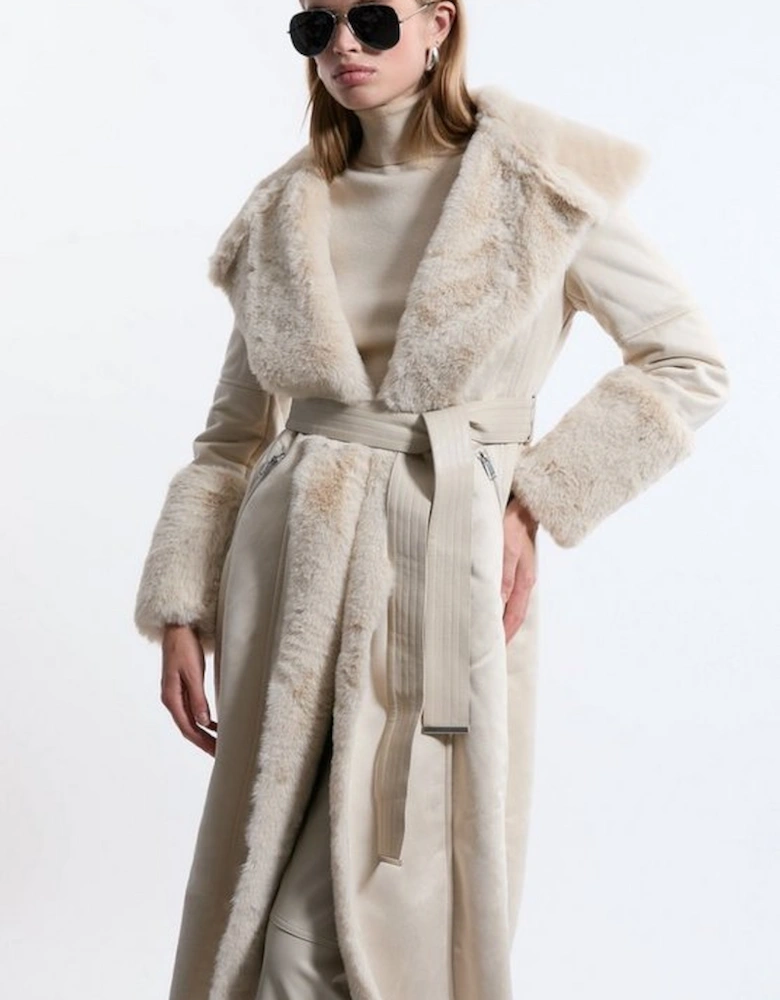 Faux Shearling Collar & Cuff Belted Midi Coat