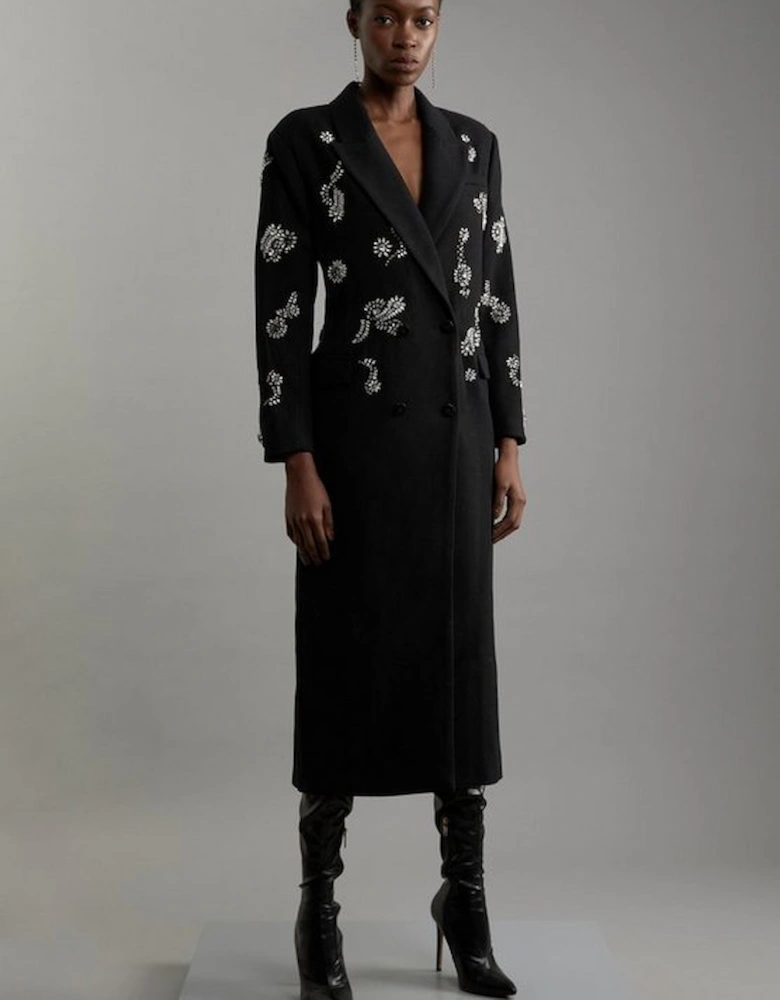 Tailored Wool Blend Embellished Maxi Coat