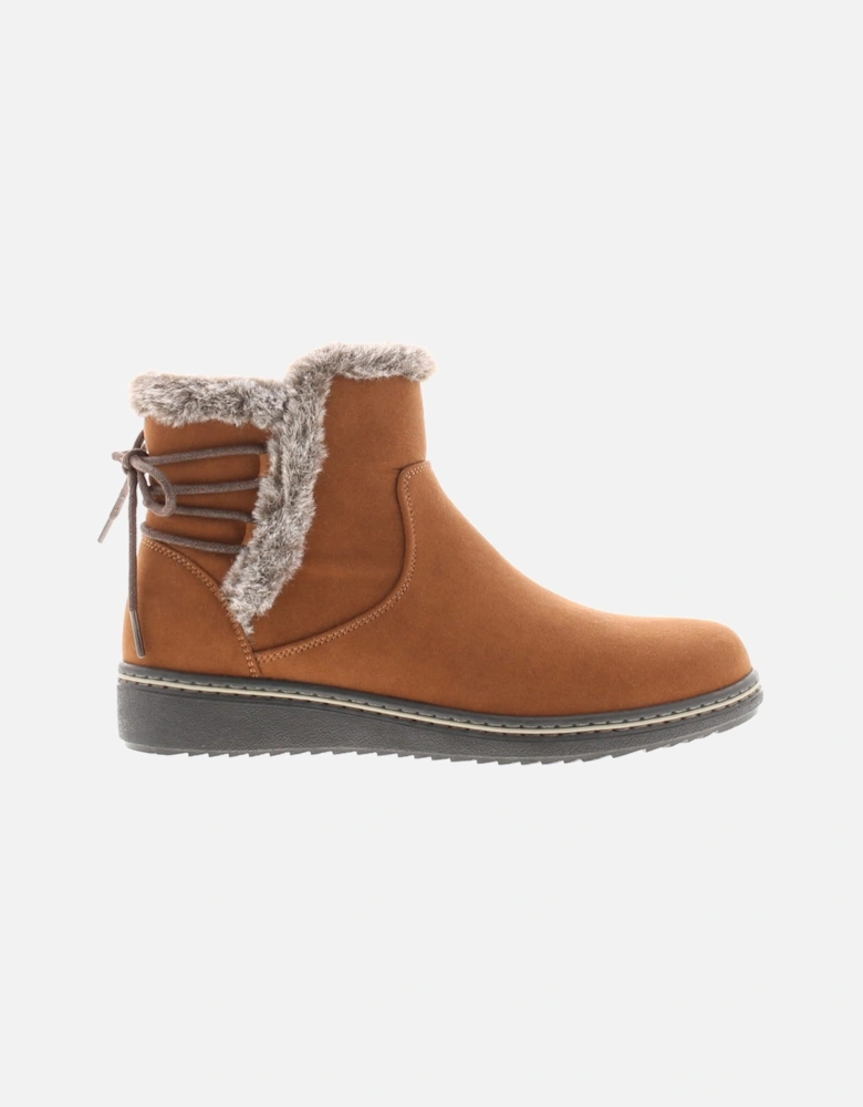 Womens Ankle Boots Fuax Fur Trim Mollie Zip Fastening tan UK Size
