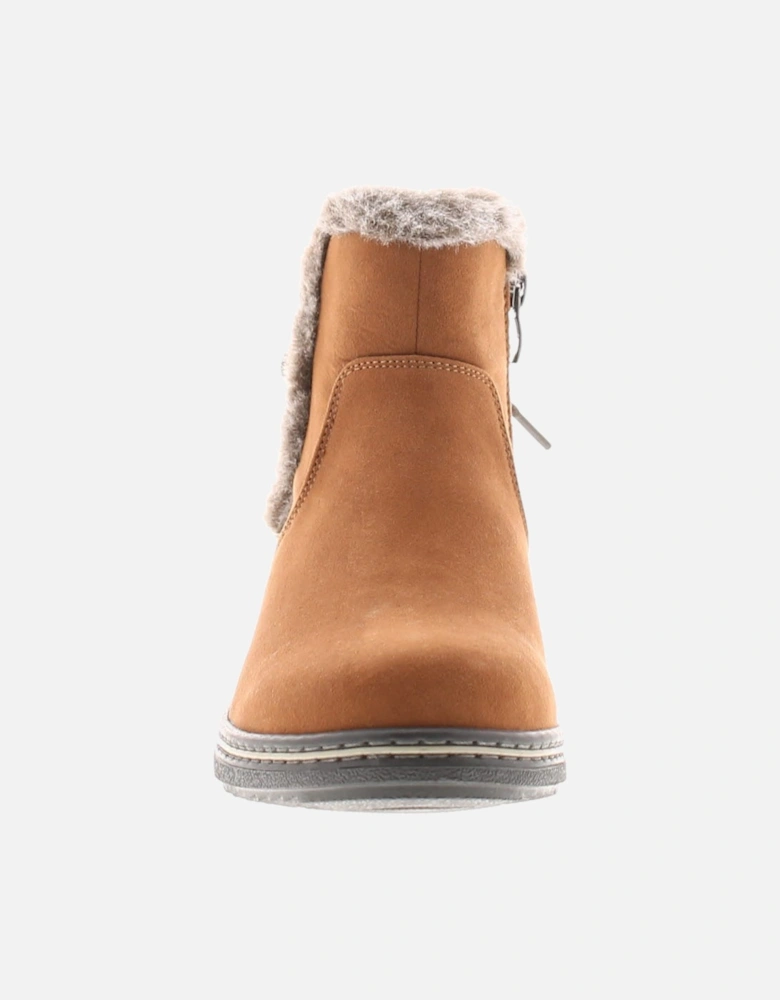 Womens Ankle Boots Fuax Fur Trim Mollie Zip Fastening tan UK Size