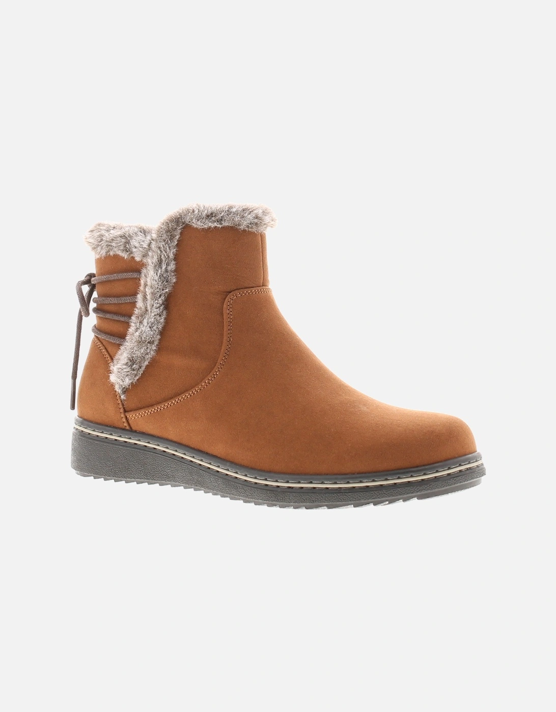 Womens Ankle Boots Fuax Fur Trim Mollie Zip Fastening tan UK Size, 6 of 5