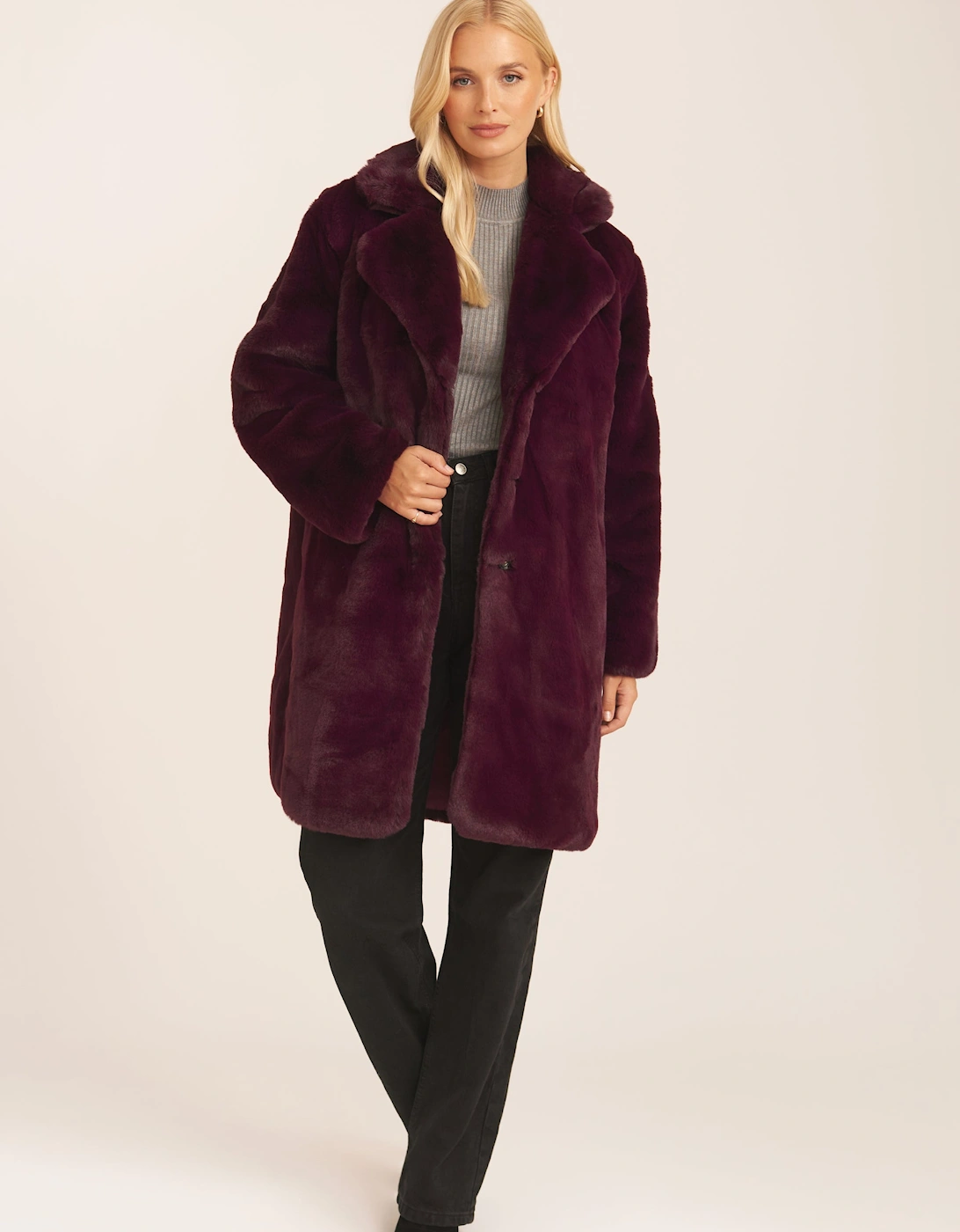 Gini London Women's Plum Faux Fur Lapel Collar Longline Coat - Red - Size: 8/10