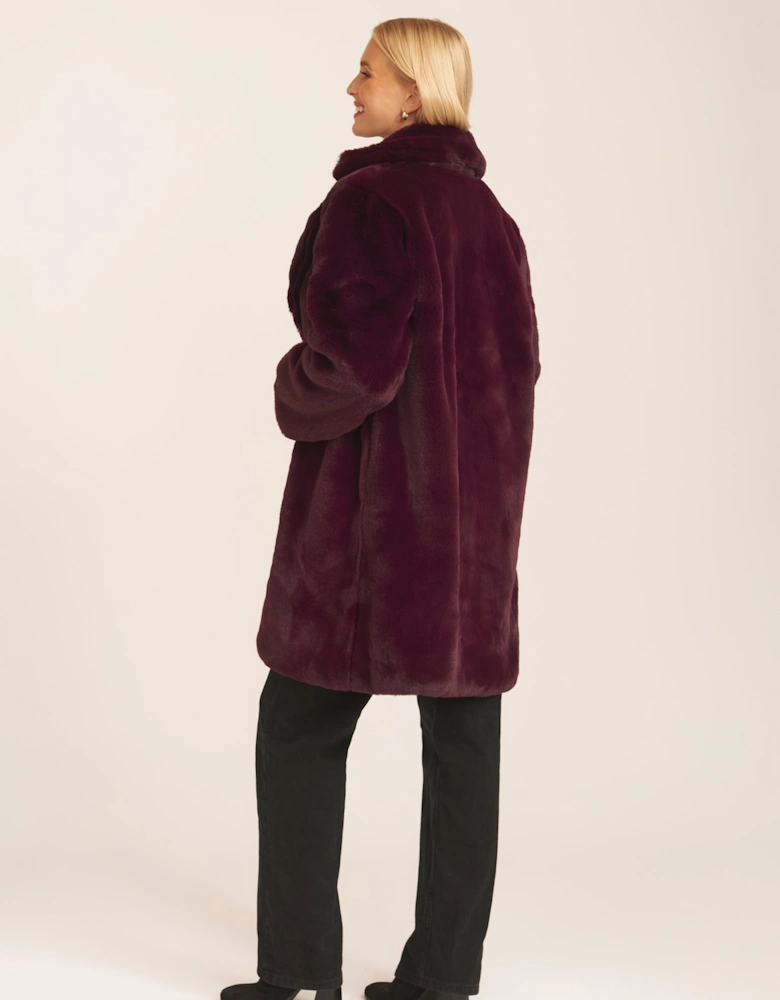 Plum Faux Fur Lapel Collar Longline Coat