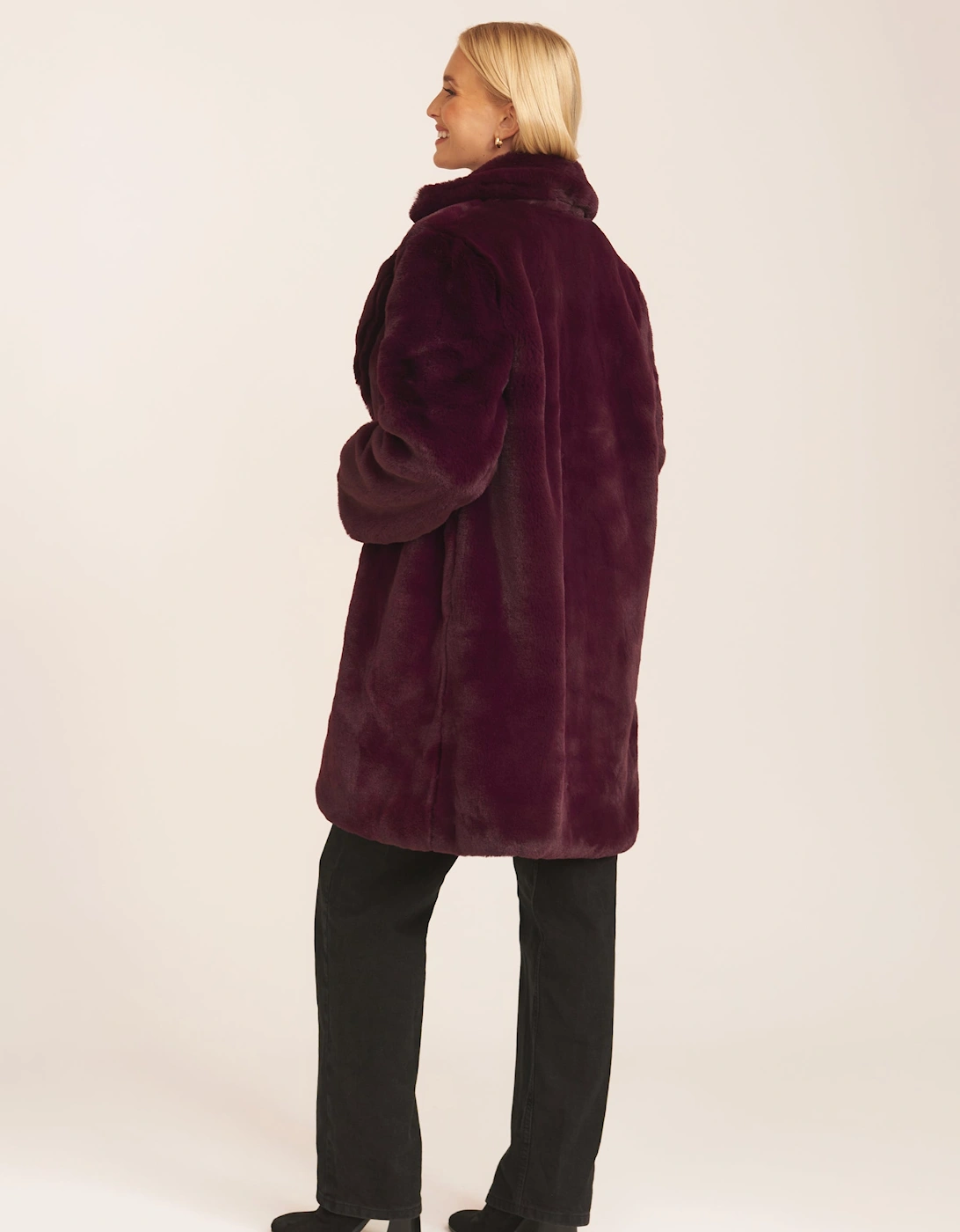 Plum Faux Fur Lapel Collar Longline Coat
